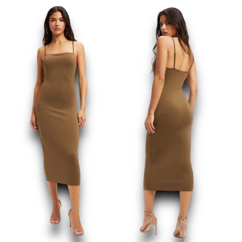 Good American Olive Brown Midi Slip Dress